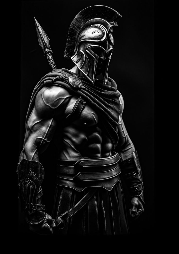 Muscular Spartan warrior in black and white, symbolizing strength and the importance of perfect gym form. More at https://karanblog.in/.