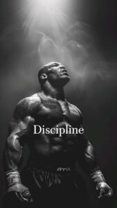 Muscular figure with "Discipline" text, a black and white fitness wallpaper for gym motivation. 90s bodybuilder