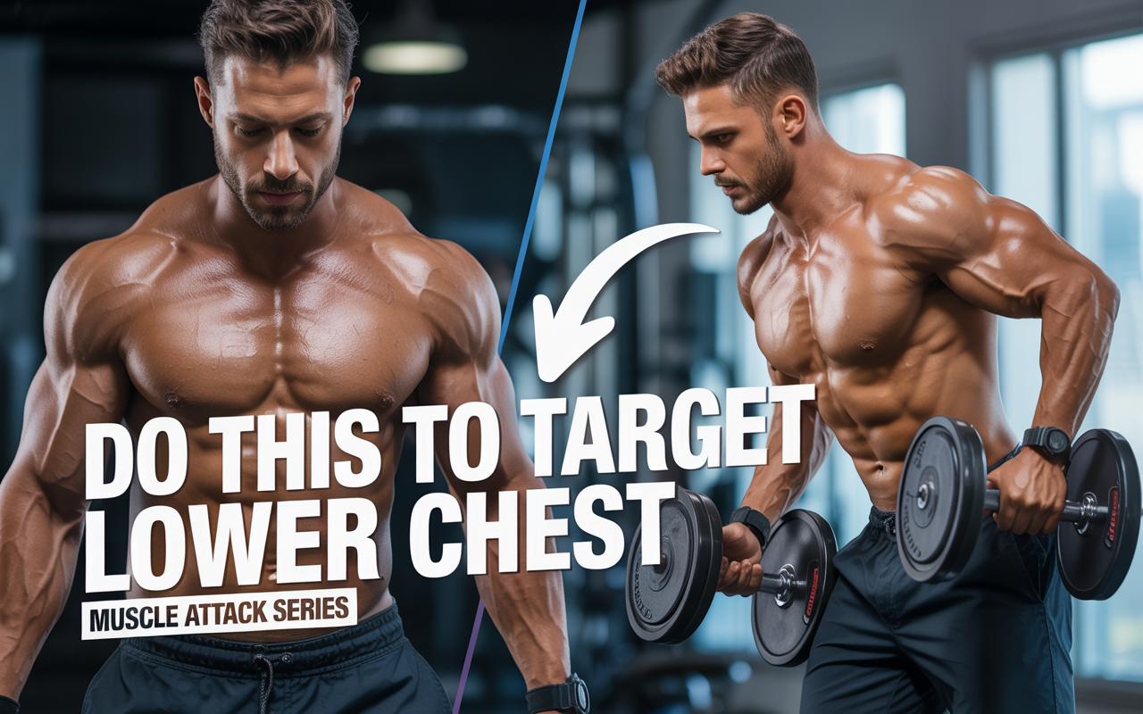 Side-by-side image of a muscular man demonstrating dumbbell presses, with text "DO THIS TO TARGET LOWER CHEST," providing direct instruction for effective lower chest exercises. Visit https://karanblog.in/blog/ for more.